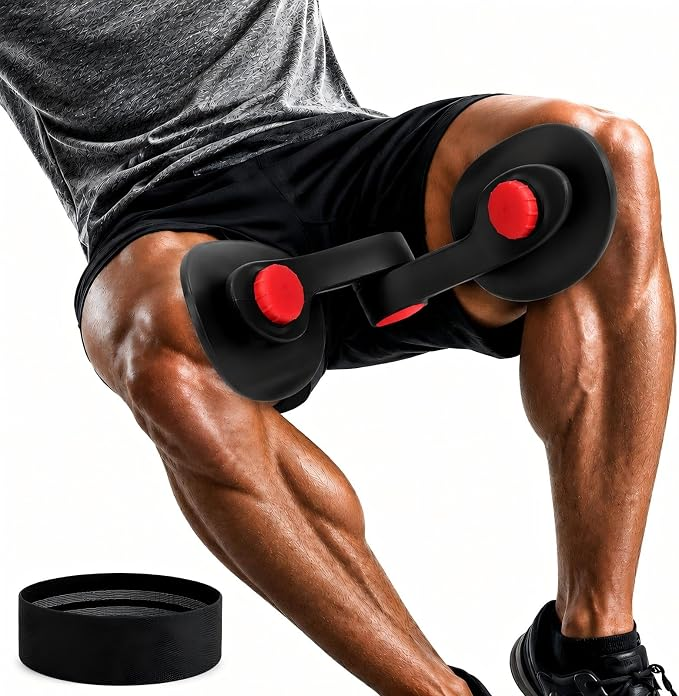 Entrenador compacto negro con dos almohadillas redondas rojas colocado entre los muslos